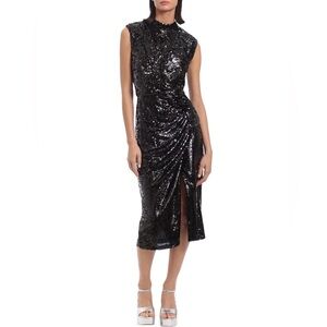 NWT Clover and Sloane Solid Black Sequin Midid Dress Size 12 MSRP $225